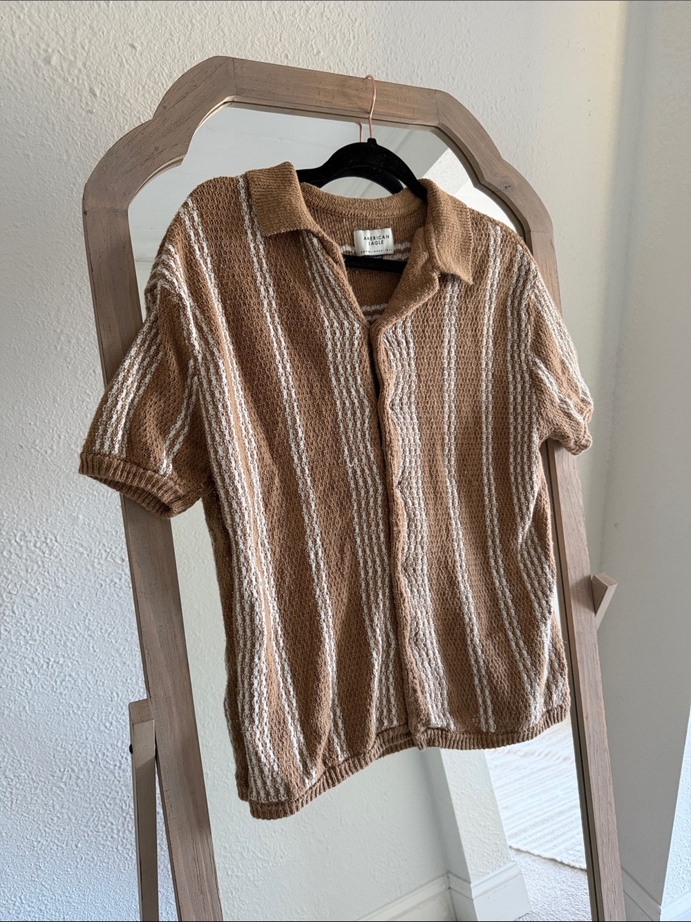 American Eagle Outfitters Brown and White Textured Stripe Polo